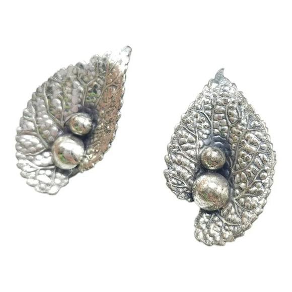 1950s Modernist Sterling Silver Screw Back Leaf Earrings Signed Beau Vintage - Picture 3 of 5